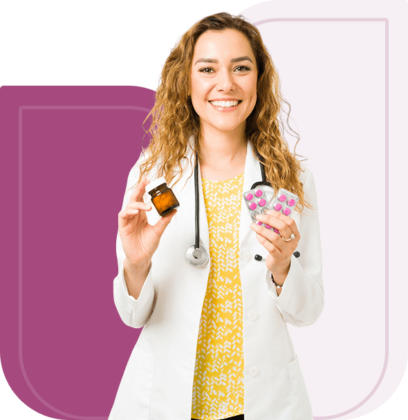 Smiling doctor holding medicine bottles and pills.
