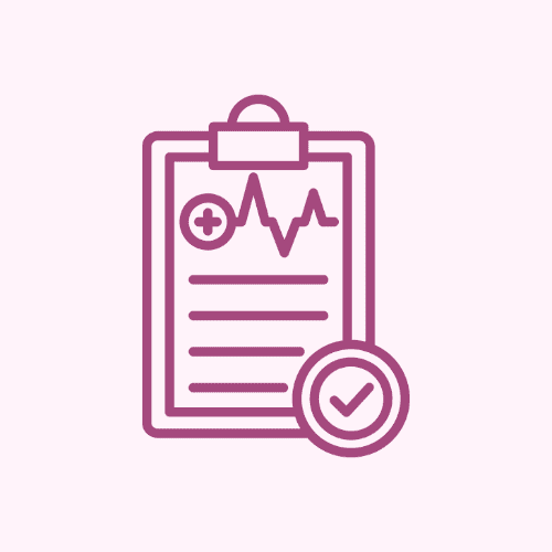 Medical clipboard with checkmark and heartbeat.