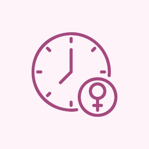 Clock and female symbol in pink.
