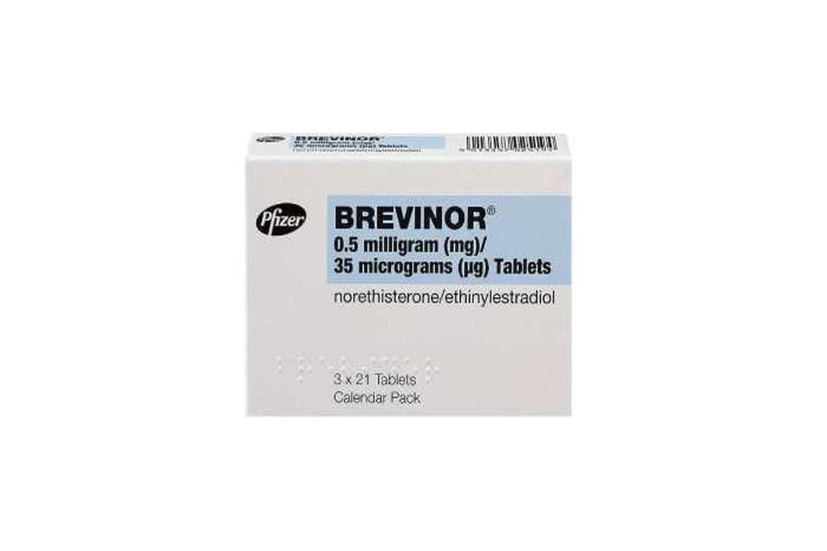 Brevinor contraceptive tablets box, Pfizer branding.